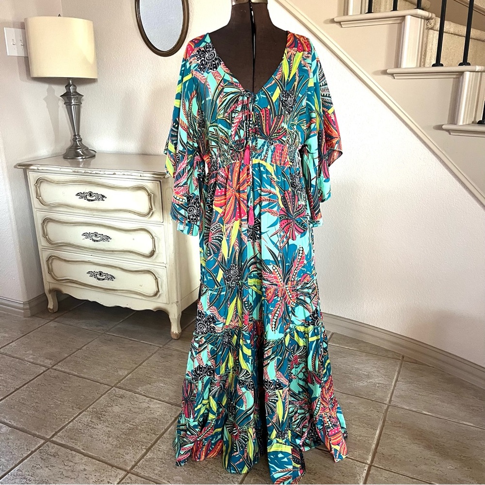 Anthropologie Boemo Aqua Multicolor Floral Maxi Dress
